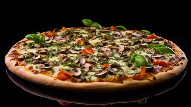 appetizing vegetarian pizza composed with cgarlic cloves pesto mushrooms as topping