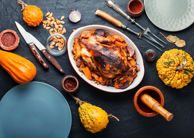 Appetizing whole baked partridge with pumpkin.Fried chicken with pumpkin