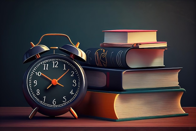 Apple and alarm clock in the top of books over chalkboard Generative Ai