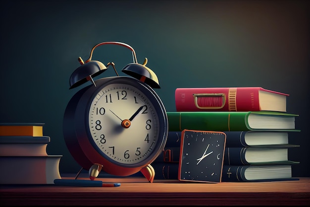 Apple and alarm clock in the top of books over chalkboard Generative Ai