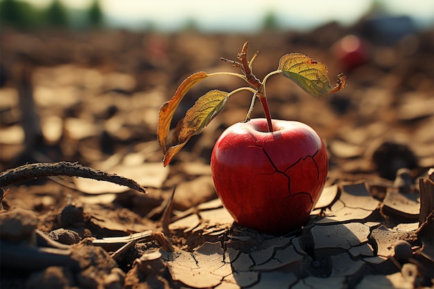 Apple atop dry cracked soil symbolizes food insecurity water shortage and agricultural crisis