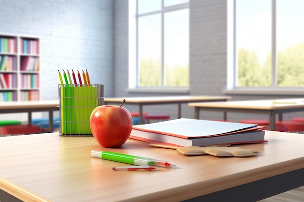 an apple and a book on a desk with books and a green pencil