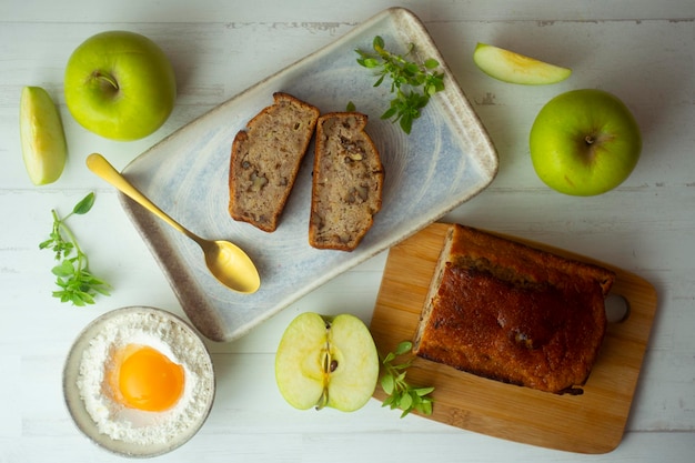 Apple cake with cinnamon and walnuts.