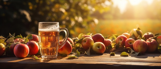 Apple cider on table with apples