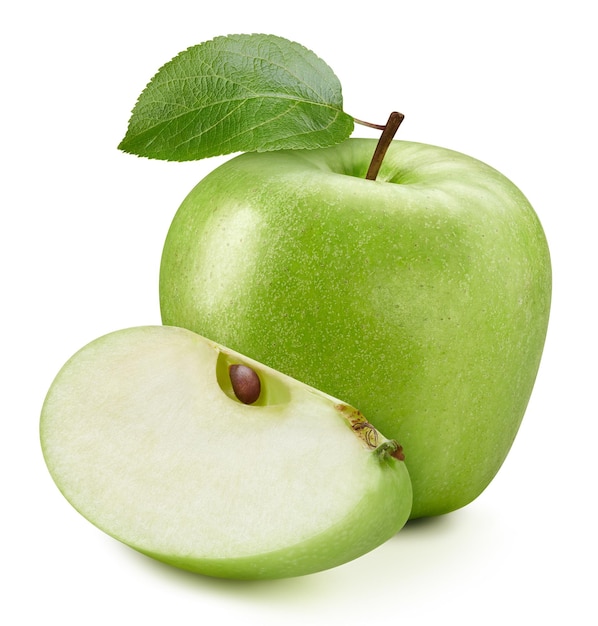 Apple clipping path. Ripe whole apple fruit with green leaf and slice isolated on white background