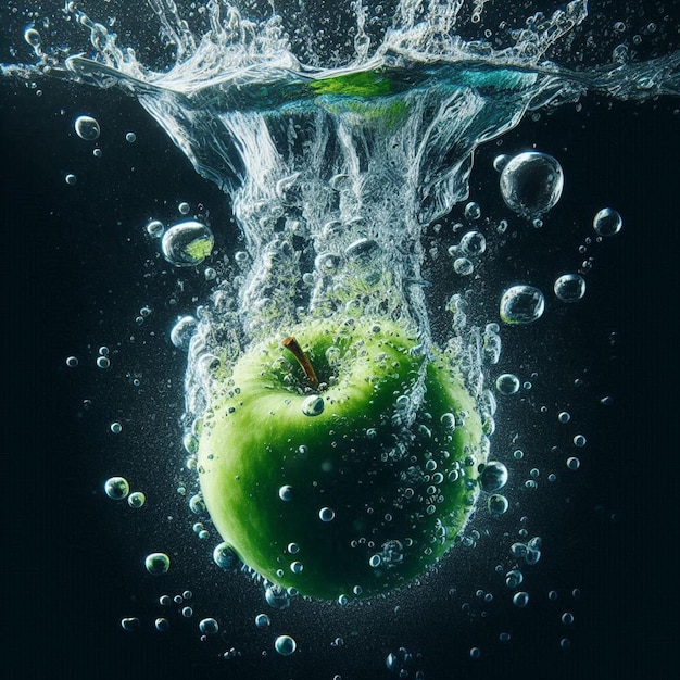 Photo an apple falls into the water with a green apple in the background