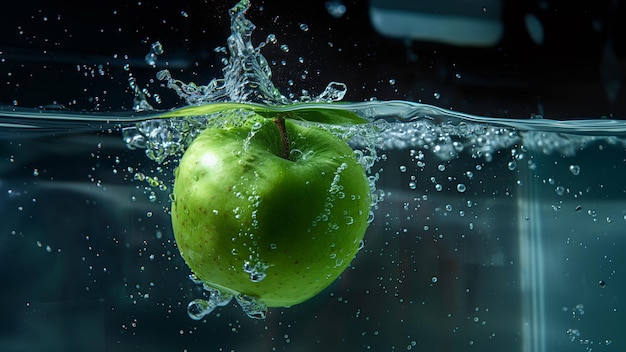 an apple falls into the water with a splash of water splashing around it