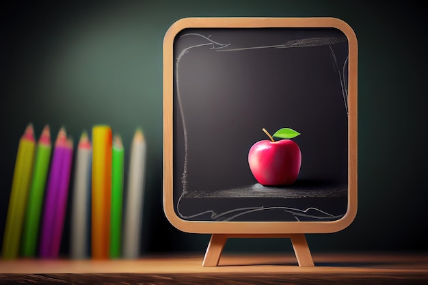 Apple and hand writing a note on a wooden table in front of blackboard Generative Ai