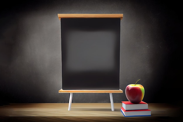 Apple and hand writing a note on a wooden table in front of blackboard Generative Ai