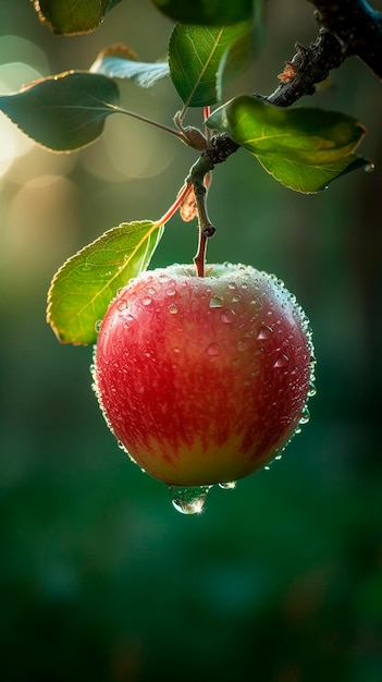 An apple hanging from a branch with morning dew generative ai