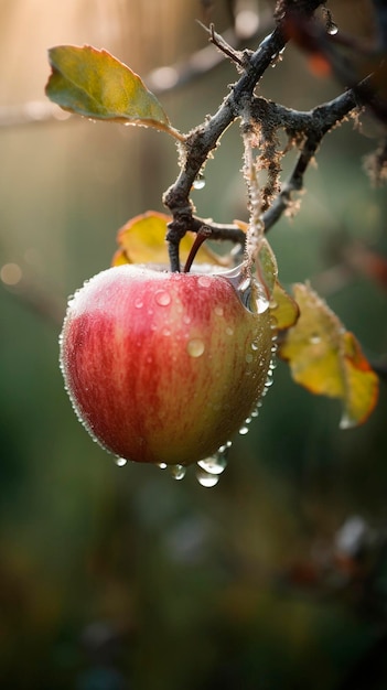 An apple hanging from a branch with morning dew generative ai