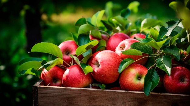 Apple harvest in a box in the garden Selective focus