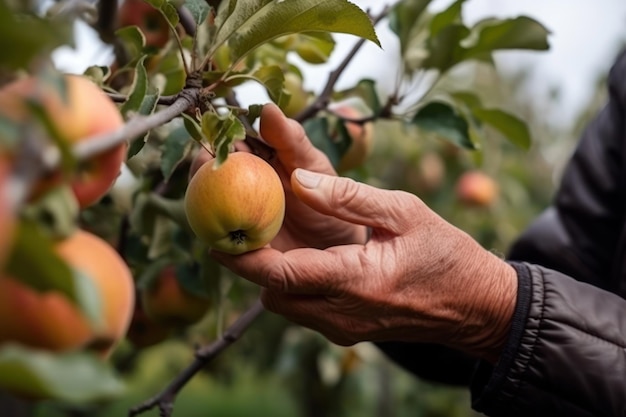 Apple harvest hand plucks a red apple from a tree Generative AI