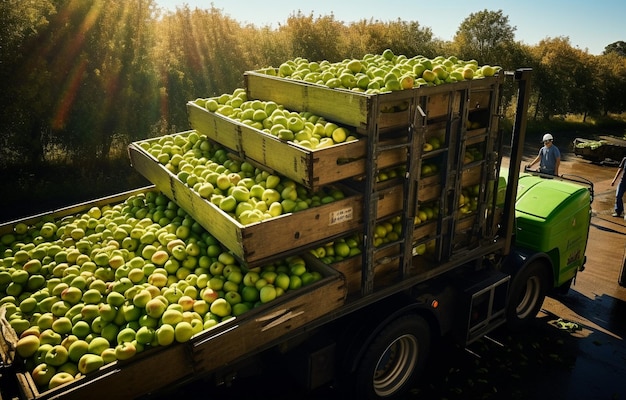 Apple harvesting small loaders forklift trucks equipment loading a large truck