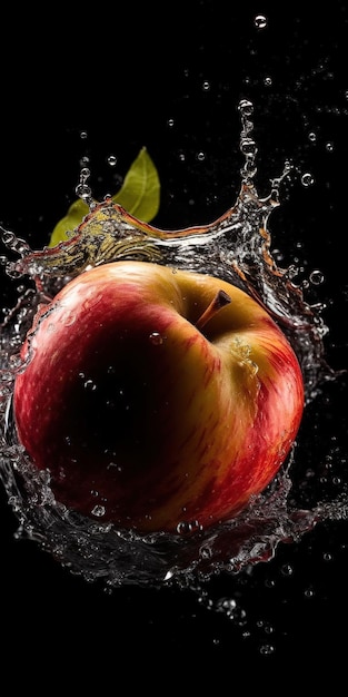 An apple is being dropped into a water splash.