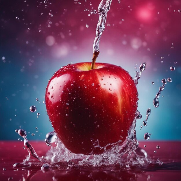 Apple is being poured into the air with a splash of water colorful background