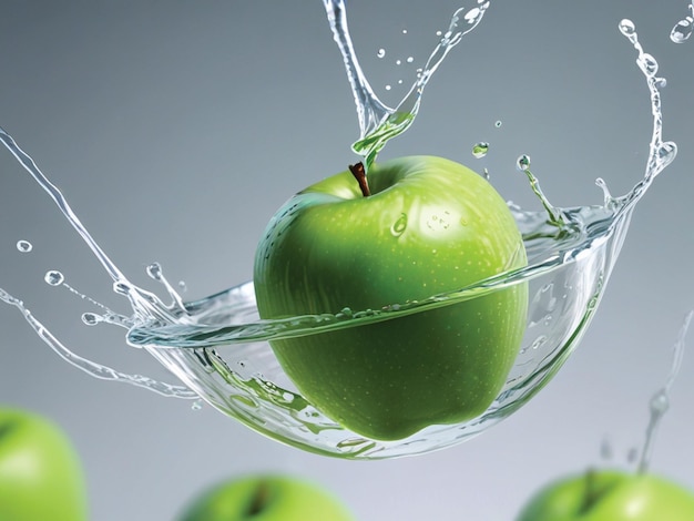 an apple is being poured into a glass bowl with water splashing