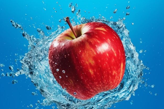 An apple is in the water with a blue background