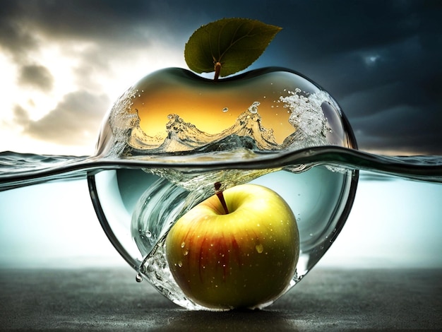 an apple is in a water