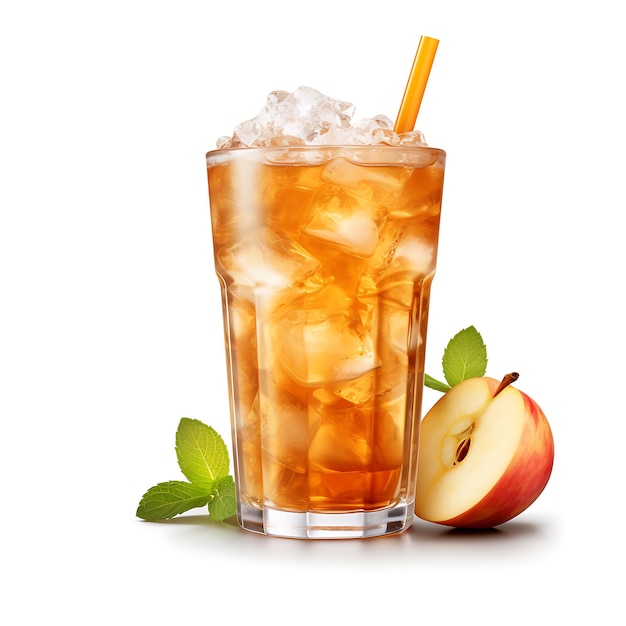 Apple juice ice surrounded by apples and leaves