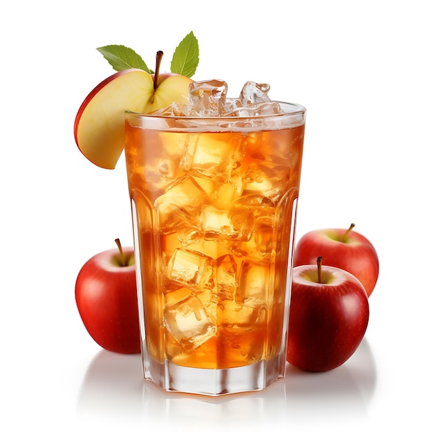 Apple juice ice surrounded by apples and leaves