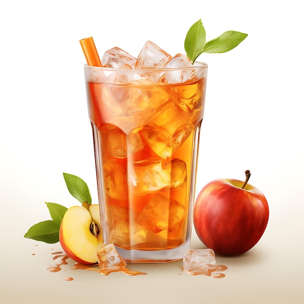 Apple juice ice surrounded by apples and leaves