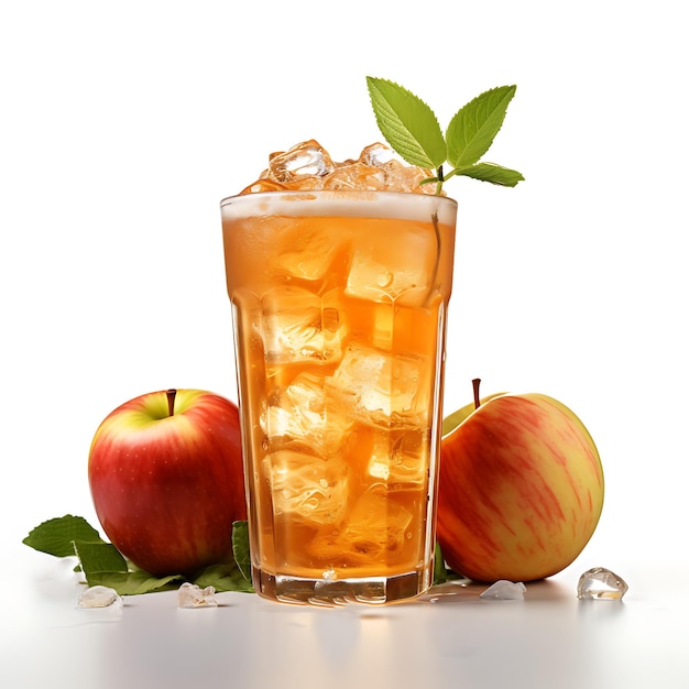 Apple juice ice surrounded by apples and leaves