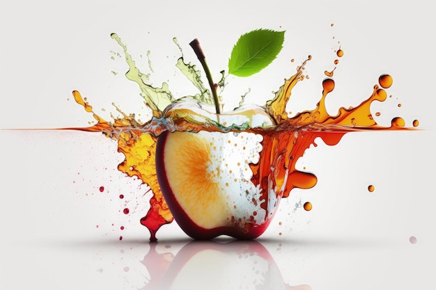 Apple and juice splashed over a white background