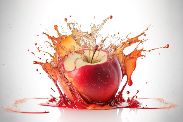 Apple and juice splashed over a white background