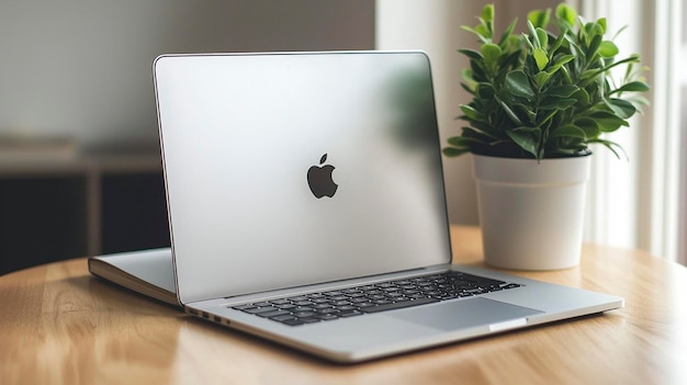 Photo an apple laptop sits on a wooden table with a potted plant in the background