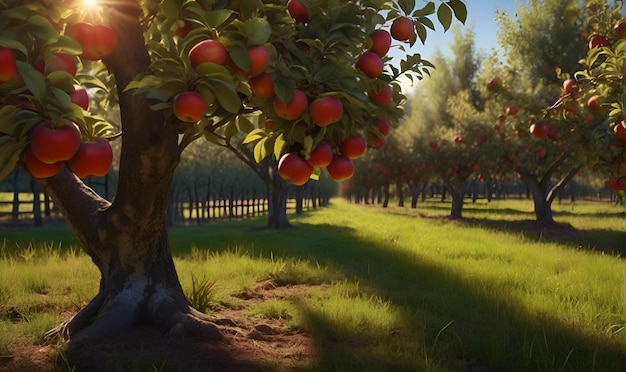 An apple orchard trees with ripe apples on them