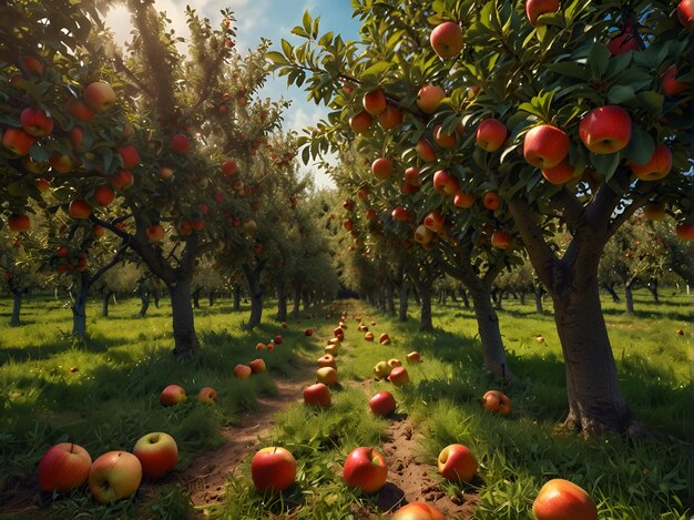 An apple orchard trees with ripe apples on them