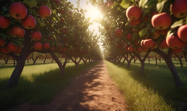 An apple orchard trees with ripe apples on them