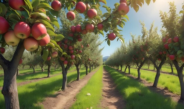 An apple orchard trees with ripe apples on them