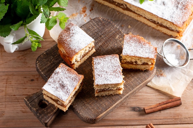 Apple pie sponge cake Charlotte with apples on a table