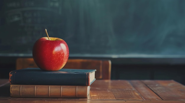 an apple sits on a book with a book in front of it