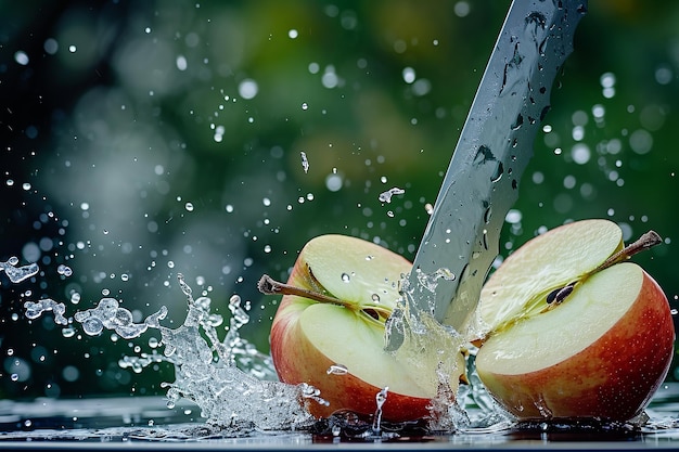 apple slices with knife and water drops and splashes on natural background