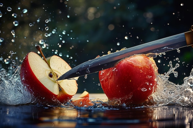 apple slices with knife and water drops and splashes on natural background