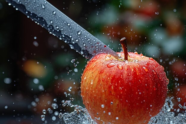 apple slices with knife and water drops and splashes on natural background