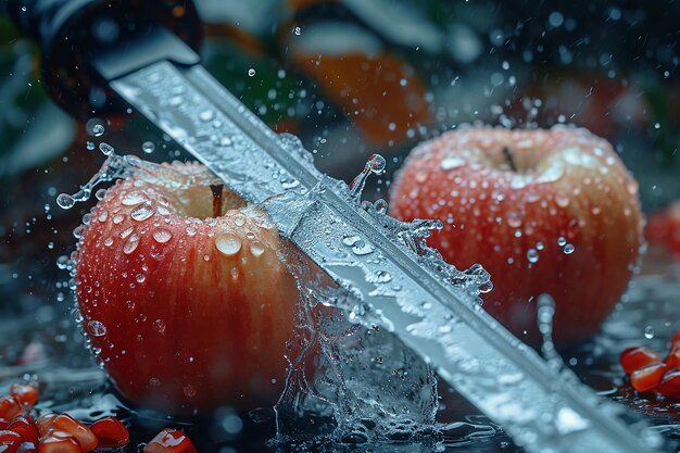 apple slices with knife and water drops and splashes on natural background