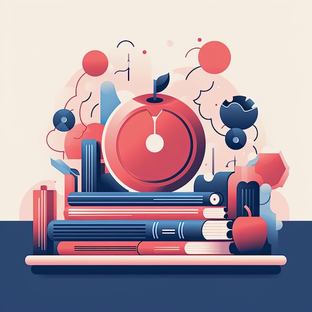 Photo a apple over some books on a background with gears in the style of flat illustrations