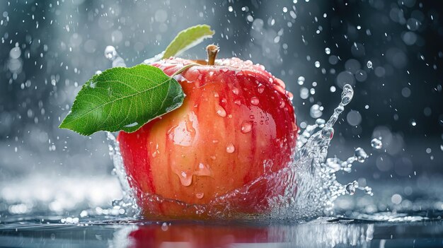 Apple Splashing in Water Fresh Crisp Fruit Sends Ripples in Clear Blue Liquid