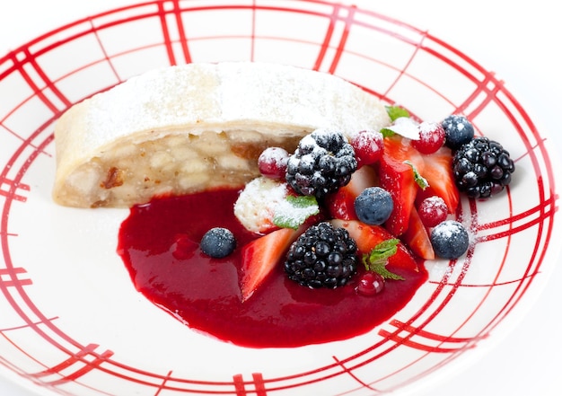 Apple strudel and summer berries