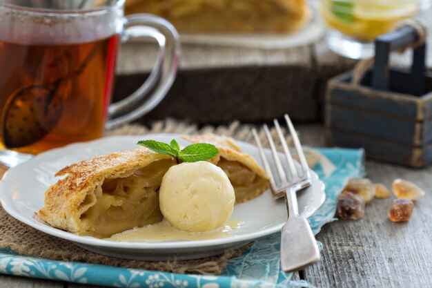 Apple strudel with tea