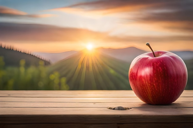 an apple and a sunset in the background