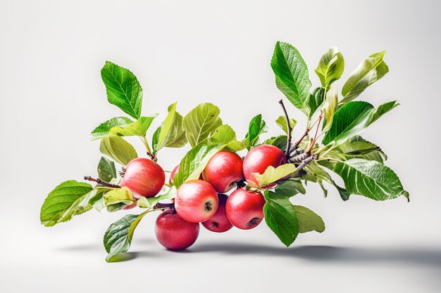 Apple tree branch with ripe red apples and green leaves on white background with shadow