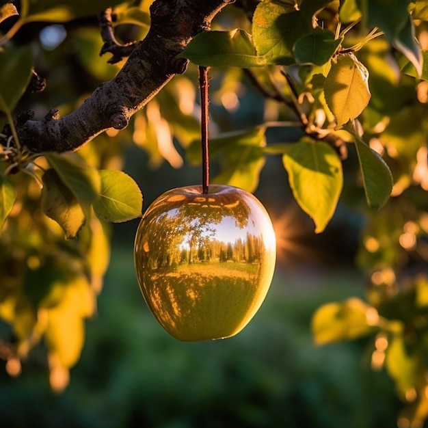 Apple tree in the garden with a crystal ball in the foreground