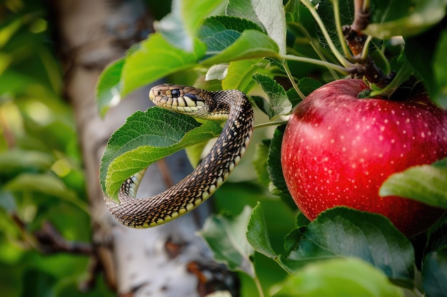 An apple tree with a snake in it next to a crimson apple symbolizing original sin Generative Ai