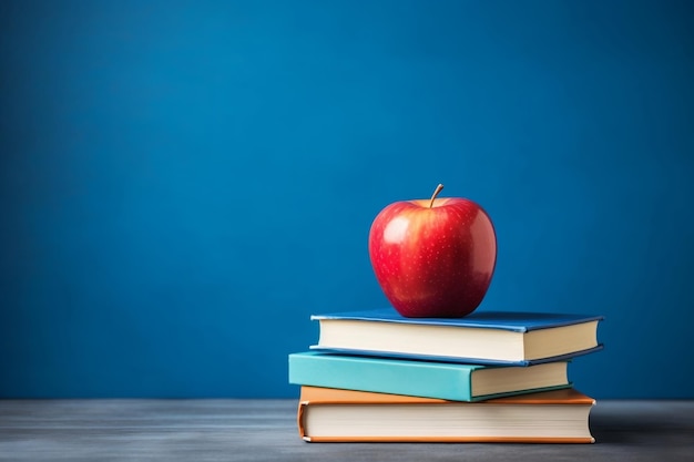 Apple With Books on Blue Background Generative AI