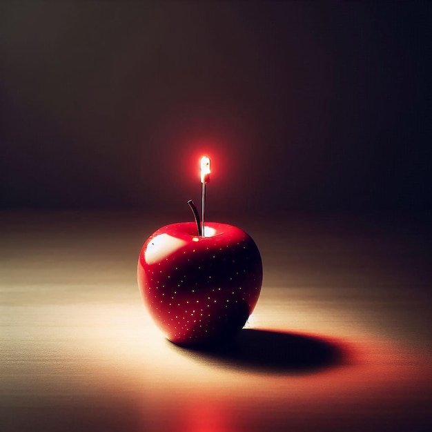 an apple with a candle that has a candle in it